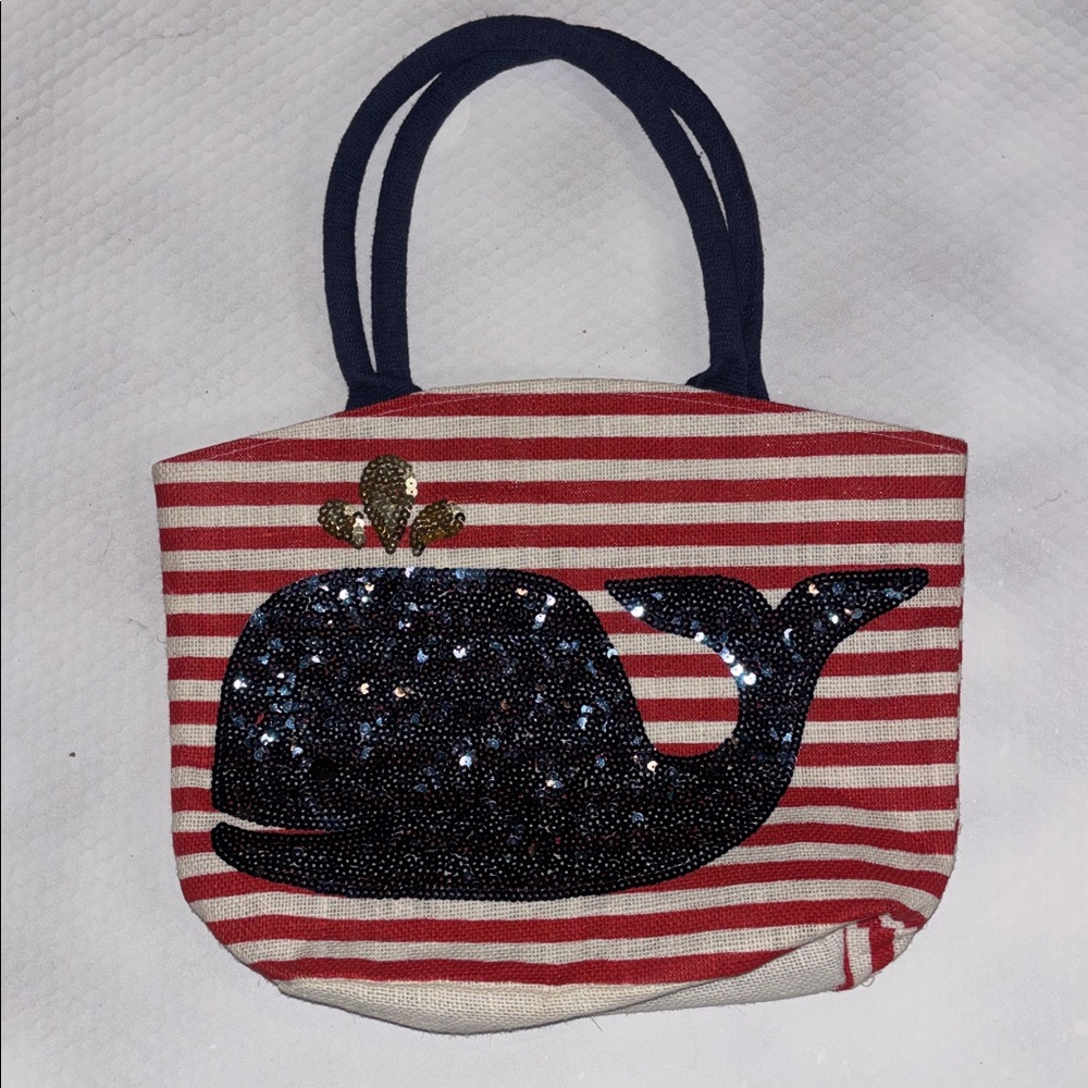 Mud Pie Whale Jute Beach Bag Tote Small Purse Embellished Stripe